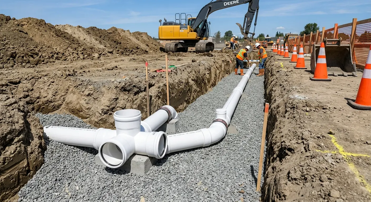 New PVC sewer pipe installation in open trench for Sewer Backup in Diamond Springs