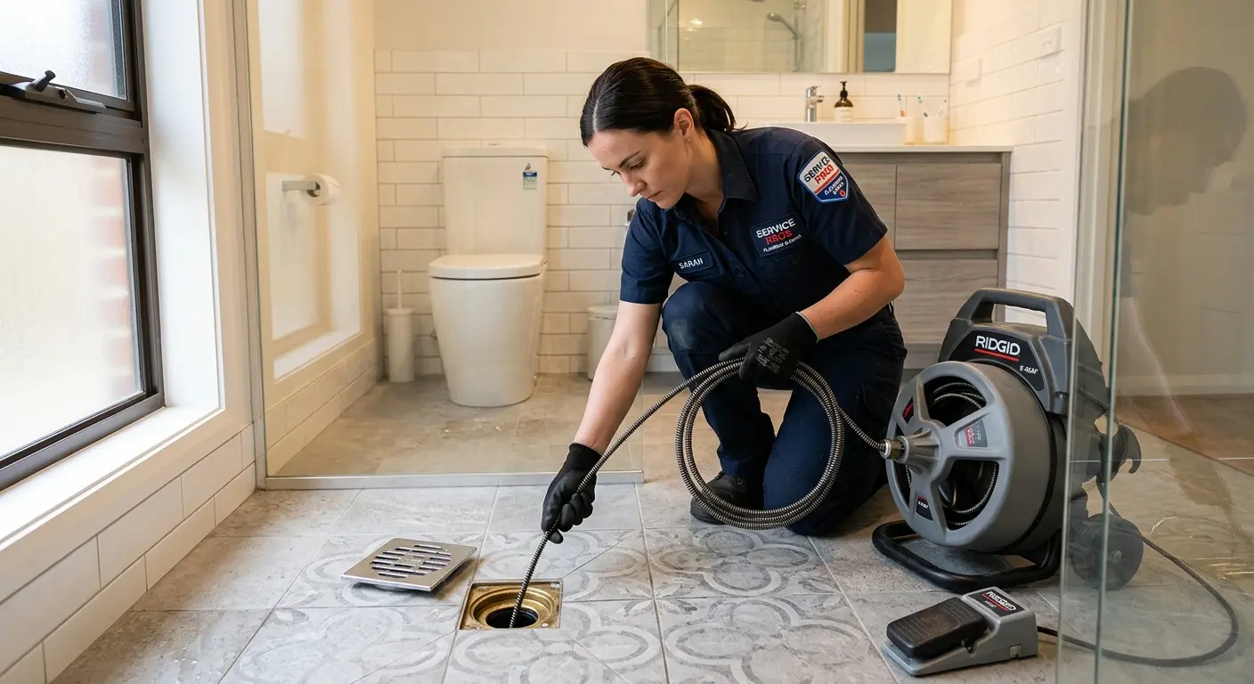 Technician clearing a bathroom floor drain for Sewer Line Replacement in Diamond Springs